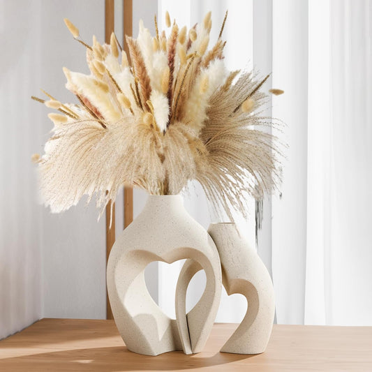 White Hollow Ceramic Vase Set of 2 – Intertwined Heart Design – Modern Nordic Boho Home Décor Flower Vases
