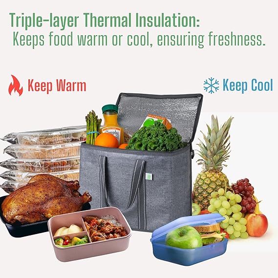 VENO 2 Pack Cooler Bag and Insulated Grocery Bags for Food Delivery, Collapsible Cooler Reusable Shopping Bags for Groceries with Hard Bottom, Zippered, Foldable, Heavy-Duty