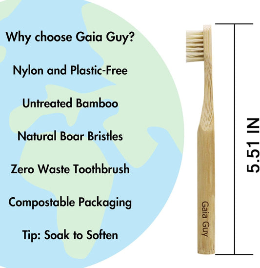 Gaia Guy Natural Bristle Bamboo Toothbrush for Kids (NO Nylon - Boar Hair ONLY) - Totally Compostable & Biodegradable Boar Bristle and Bamboo Toothbrushes - Zero Waste - 6-Pack - PuriLite