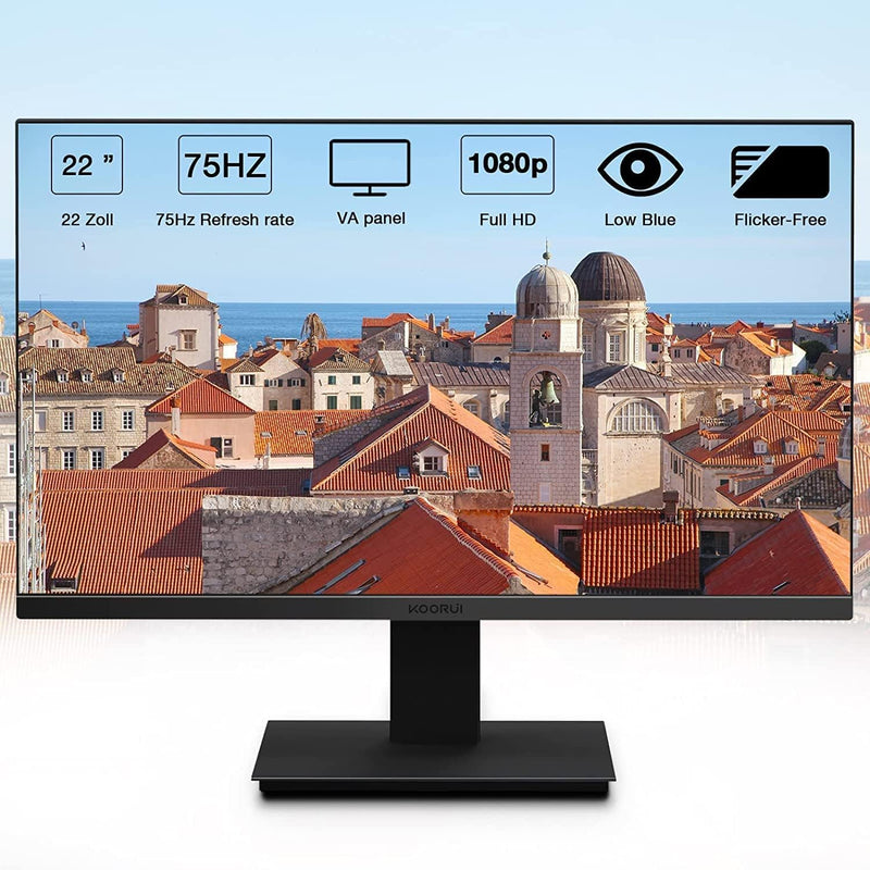 KOORUI 22 Inch Computer Monitor, FHD 1080P VA Desktop Display, 75HZ Ultra Thin Bezel/Eye Care/Ergonomic Tilt, HDMI VGA Ports LED Monitor for PC, VESA Mounting