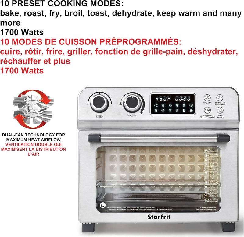 Starfrit Air Fryer Convection Oven - XL for 12" Pizza - Baking Pan & Air Fryer Basket - 10 Preset Modes - 1700W