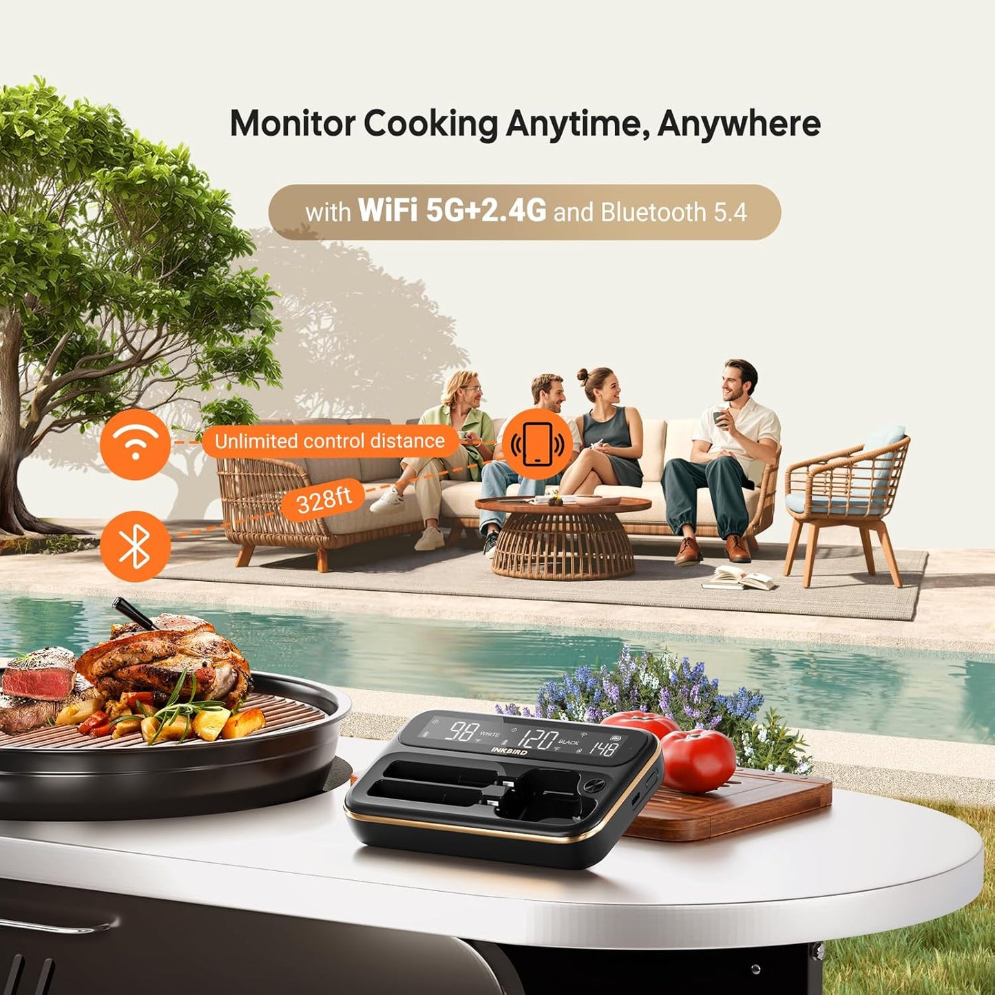 INKBIRD 5GHz & 2.4GHz WiFi Wireless Meat Thermometer with Long and Short Meat Probe Combo,Smart Bluetooth Food Thermometer with Backlit LCD-Enhanced Booster for Cooking, Grilling, Smoking, BBQ
