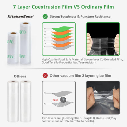 KitchenBoss Vacuum Sealer Bags Rolls: 100FT in Total 8'' x 50'+11'' x 50' Sac Sous Vide for Food Saver, BPA Free, Commercial Grade Food Vac Seal Roll(8'' x 50'+11'' x 50')