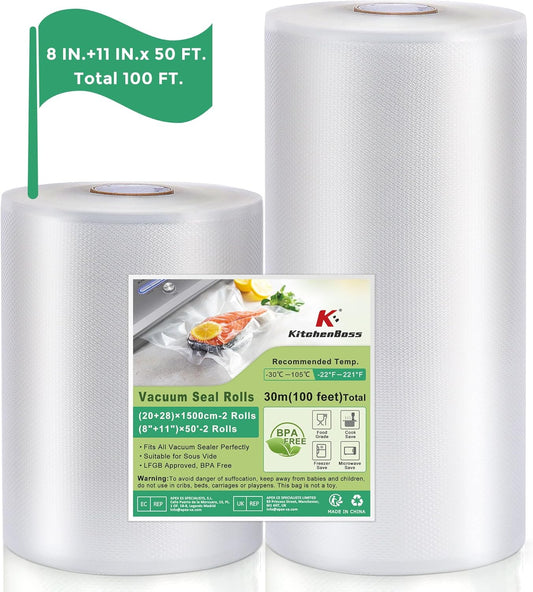 KitchenBoss Vacuum Sealer Bags Rolls: 100FT in Total 8'' x 50'+11'' x 50' Sac Sous Vide for Food Saver, BPA Free, Commercial Grade Food Vac Seal Roll(8'' x 50'+11'' x 50')