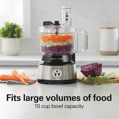 Hamilton Beach Food Processor & Vegetable Chopper for Slicing, Shredding, Mincing, and Puree, 10 Cups + Easy Clean Bowl Scraper, Black and Stainless Steel (70730C)