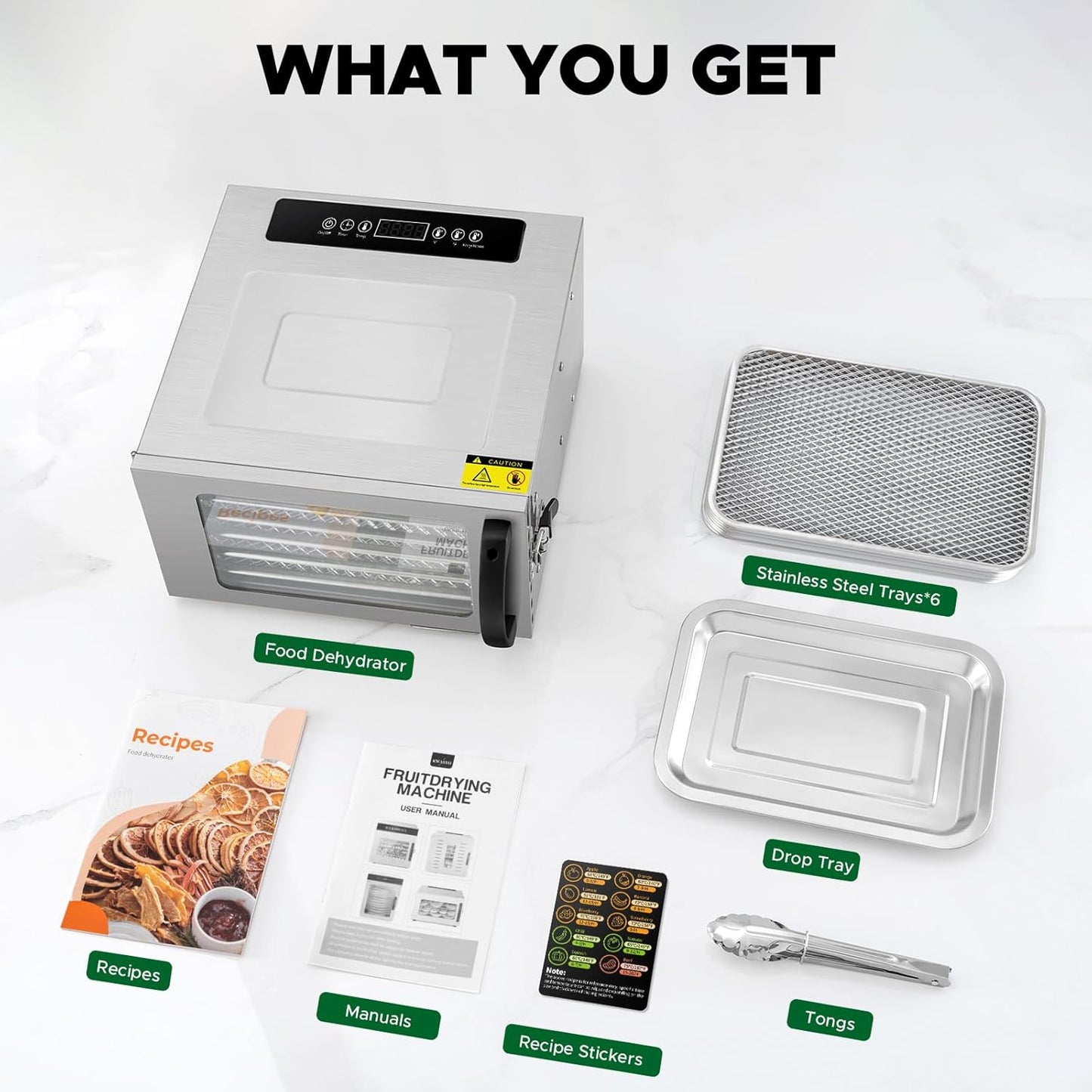6 Trays Food Dehydrator, All Stainless Steel Dehydrator Raw Food & Jerky Fruit,400W Preserve Food Nutrition Professional Household Vegetable Dryer, with 0-24 Hours Digital Timer