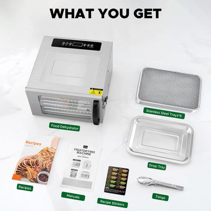 6 Trays Food Dehydrator, All Stainless Steel Dehydrator Raw Food & Jerky Fruit,400W Preserve Food Nutrition Professional Household Vegetable Dryer, with 0-24 Hours Digital Timer