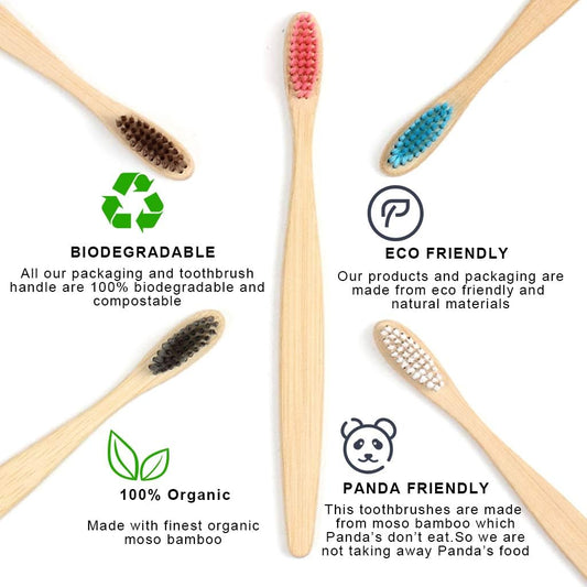 SWKJ Bamboo Toothbrushes with Soft Bristles,10 Pcs Organic Natural Adult Kids Bamboo Soft Toothbrush, Eco-Friendly and Plastic Free Packaging for Family, Travel(Multicolor)