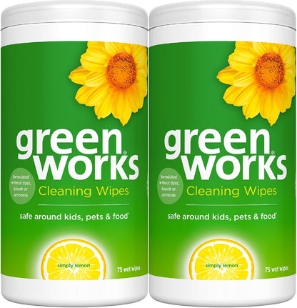 Clorox Green Works Cleaning Wipes, Simply Lemon, 75 Count, Multi-Pack of 2 Canisters, Safe for use around kids, pets, and food*