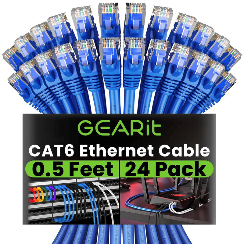 GearIT Cat 6 Ethernet Cable 0.5 ft 6-Inch (24-Pack) - Cat6 Patch Cable, Cat 6 Patch Cable, Cat6 Cable, Cat 6 Cable, Cat6 Ethernet Cable, Network Cable, Internet Cable - Blue 0.5 Foot