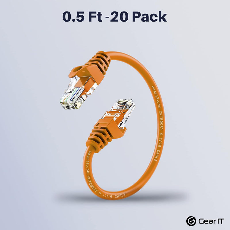 GearIT 20-Pack Cat6 Patch Cable 0.5 Foot / 6 Inches Cat 6 Ethernet Cable Snagless Flexible Soft Tab - Preimum Series - Orange