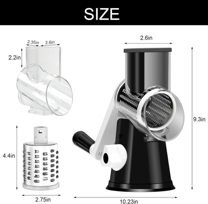 Cambom Rotary Cheese Grater Hand Crank Cheese Shredder for Fresh Cheese, Vegetable, Nuts,Non-Slip Suction Base, Free Cleaning Brush Three Blades, Black