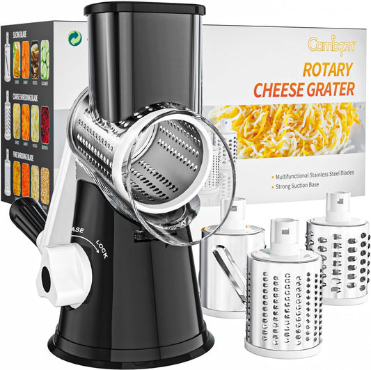 Cambom Rotary Cheese Grater Hand Crank Cheese Shredder for Fresh Cheese, Vegetable, Nuts,Non-Slip Suction Base, Free Cleaning Brush Three Blades, Black
