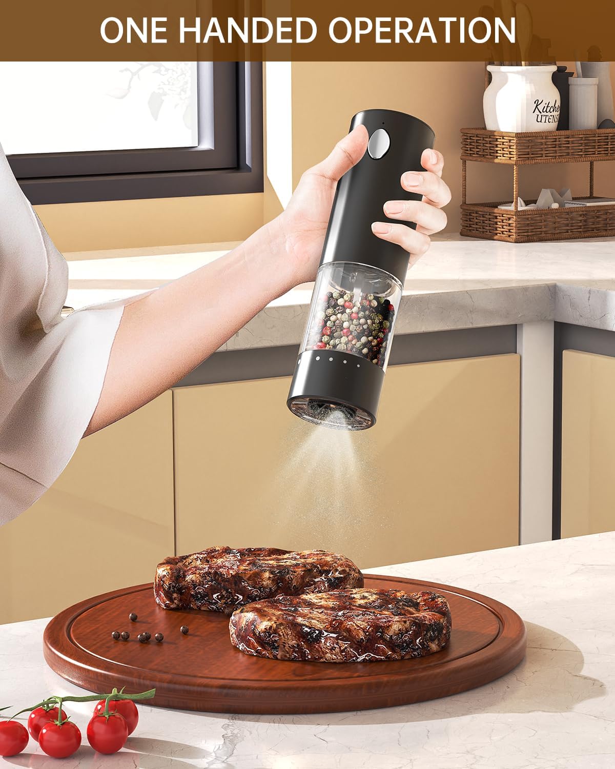 CIRCLE JOY Electric Salt and Pepper Grinder Set with 6 Levels External Adjustable Coarseness, Dustproof Storage Base, Automatic Pepper Mill Shakers Set for Kitchen, White LED Light, Black