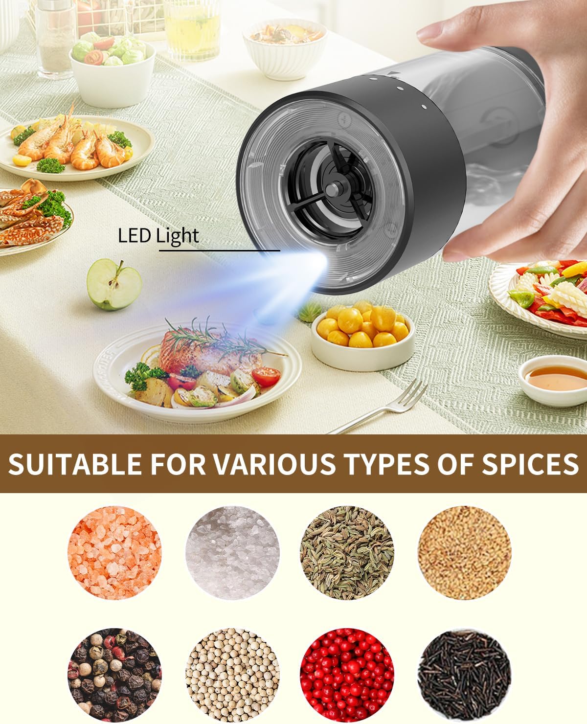 CIRCLE JOY Electric Salt and Pepper Grinder Set with 6 Levels External Adjustable Coarseness, Dustproof Storage Base, Automatic Pepper Mill Shakers Set for Kitchen, White LED Light, Black