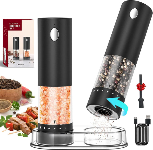 CIRCLE JOY Electric Salt and Pepper Grinder Set with 6 Levels External Adjustable Coarseness, Dustproof Storage Base, Automatic Pepper Mill Shakers Set for Kitchen, White LED Light, Black