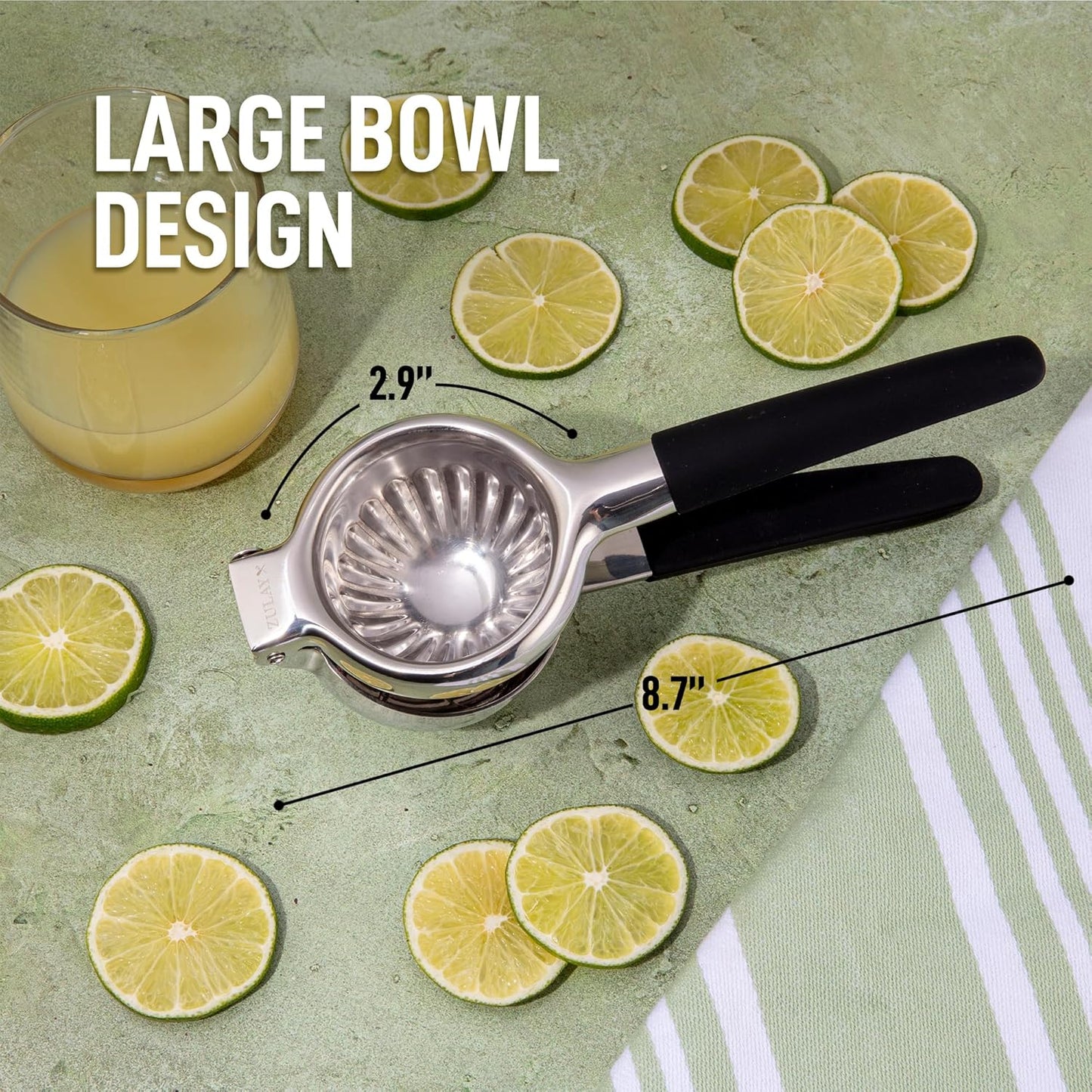Zulay Lemon Squeezer Stainless Steel with Premium Heavy Duty Solid Metal Squeezer Bowl and Food Grade Silicone Handles - Large Manual Citrus Press Juicer and Lime Squeezer Stainless Steel (Black)