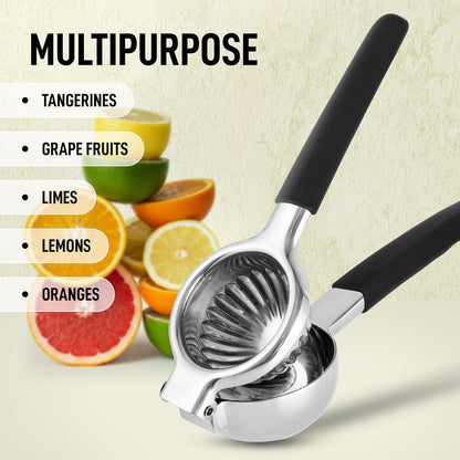 Zulay Lemon Squeezer Stainless Steel with Premium Heavy Duty Solid Metal Squeezer Bowl and Food Grade Silicone Handles - Large Manual Citrus Press Juicer and Lime Squeezer Stainless Steel (Black)