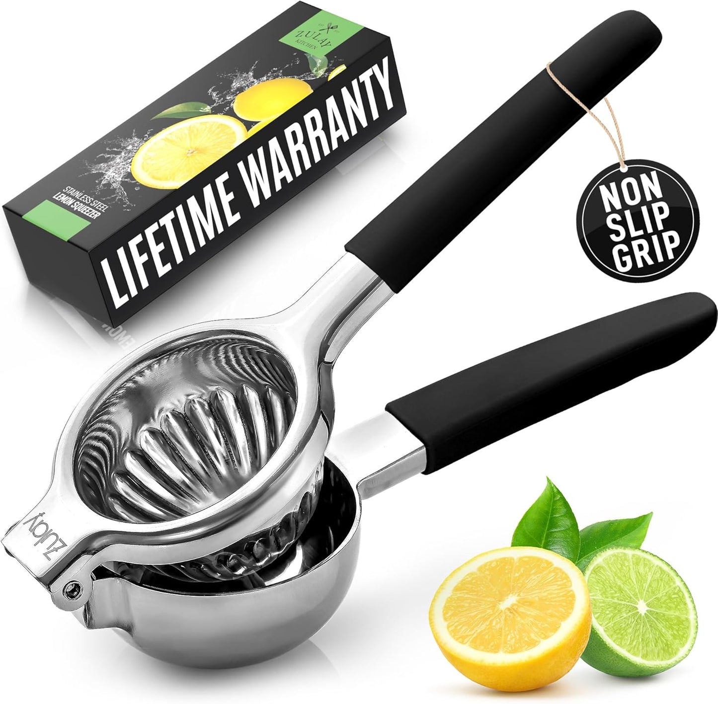 Zulay Lemon Squeezer Stainless Steel with Premium Heavy Duty Solid Metal Squeezer Bowl and Food Grade Silicone Handles - Large Manual Citrus Press Juicer and Lime Squeezer Stainless Steel (Black)