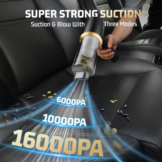 Cordless Car Handheld Vacuum: Car Vacuum Cleaner with 𝟏𝟔𝟎𝟎𝟎𝐏𝐚 Ultra-Strong Suction, 𝐁𝐫𝐮𝐬𝐡𝐥𝐞𝐬𝐬 𝐌𝐨𝐭𝐨𝐫 & HEPA Filter - Lightweight Design for Drivers and Office Workers - Ashen