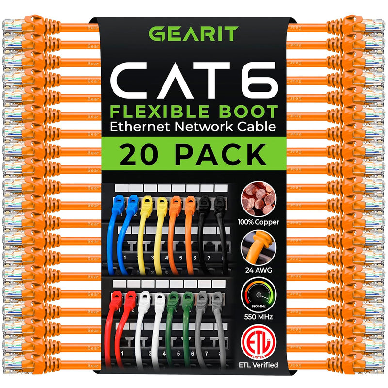 GearIT 20-Pack Cat6 Patch Cable 0.5 Foot / 6 Inches Cat 6 Ethernet Cable Snagless Flexible Soft Tab - Preimum Series - Orange