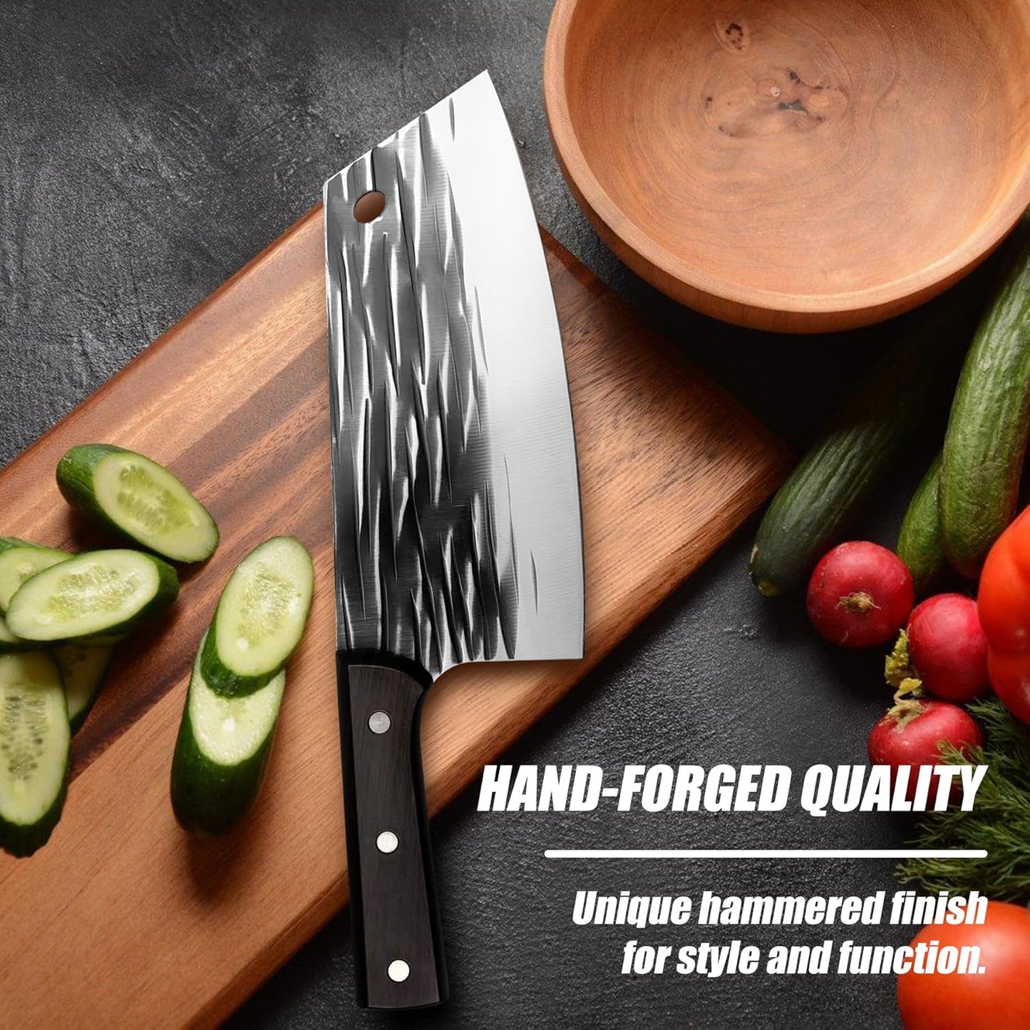 ATISEN Hand-Forged 11.4" Chef Knife - 7.4" High Carbon Steel Butcher Cleaver with Ergonomic Anti-Slip Wood Handle - Durable & Razor-Sharp Meat Cutting Knife - Perfect Kitchen Gift