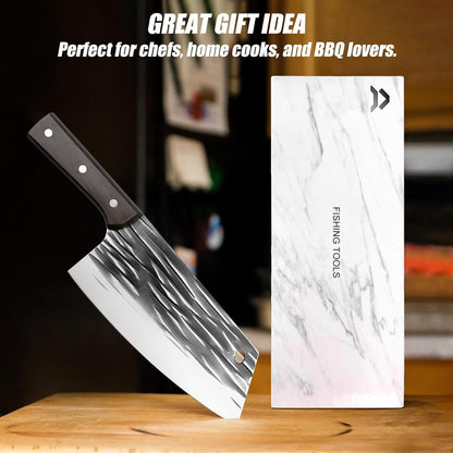 ATISEN Hand-Forged 11.4" Chef Knife - 7.4" High Carbon Steel Butcher Cleaver with Ergonomic Anti-Slip Wood Handle - Durable & Razor-Sharp Meat Cutting Knife - Perfect Kitchen Gift