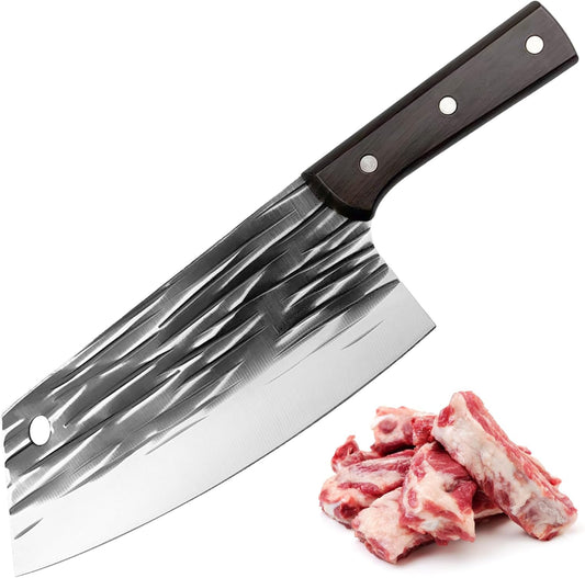 ATISEN Hand-Forged 11.4" Chef Knife - 7.4" High Carbon Steel Butcher Cleaver with Ergonomic Anti-Slip Wood Handle - Durable & Razor-Sharp Meat Cutting Knife - Perfect Kitchen Gift
