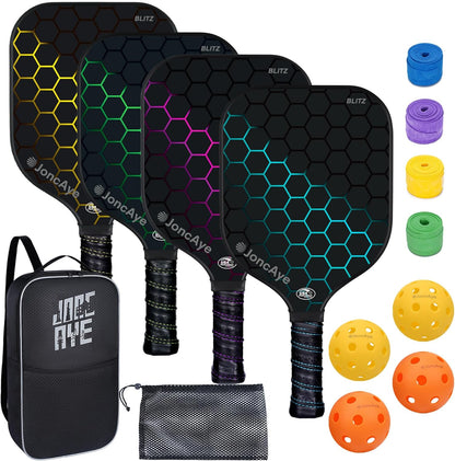 JoncAye Pickleball-Paddles-Set of 4 or 2 Rackets and Balls with Bag, Lead Tapes | Fiberglass Pickle-Ball Racquets and Accessories for Men, Women, Kids, Adults | USAPA Approved Raquette de Pickleball