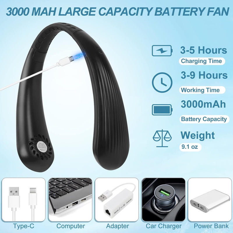 Portable Bladeless Neck Fan - Hands-Free Wearable Personal Fan with 3000mAh Battery, 3 Adjustable Speeds, USB Rechargeable for Men and Women (Black)