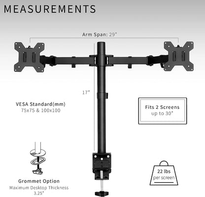 VIVO Dual Monitor Desk Mount, Heavy Duty Fully Adjustable Stand, Fits 2 LCD LED Screens up to 30 inches, Black, STAND-V002