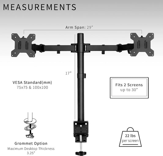 VIVO Dual Monitor Desk Mount, Heavy Duty Fully Adjustable Stand, Fits 2 LCD LED Screens up to 30 inches, Black, STAND-V002 - PuriLite