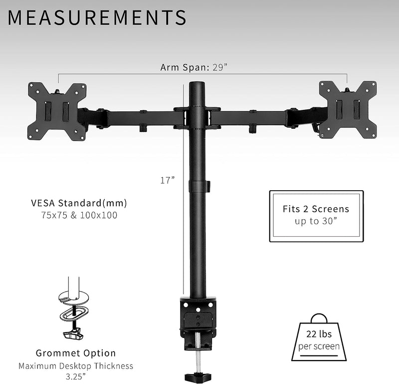 VIVO Dual Monitor Desk Mount, Heavy Duty Fully Adjustable Stand, Fits 2 LCD LED Screens up to 30 inches, Black, STAND-V002