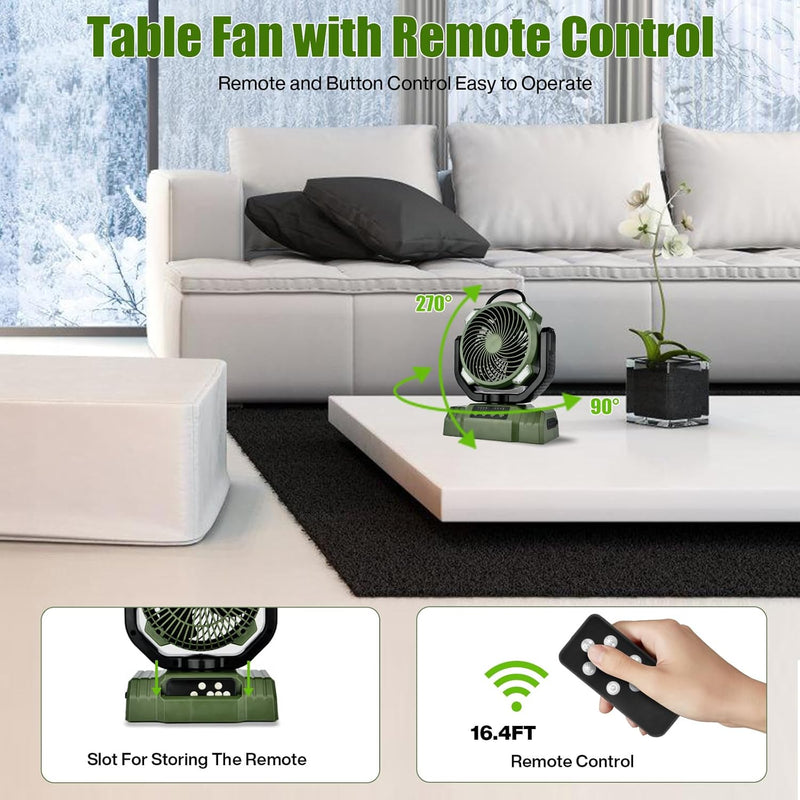 Camping Fan with LED Light, 10000mAh Rechargeable Battery, 4 Speeds & Timers - Portable Desk Fan with Remote Control for Camping, Emergency, Jobsite (Green)