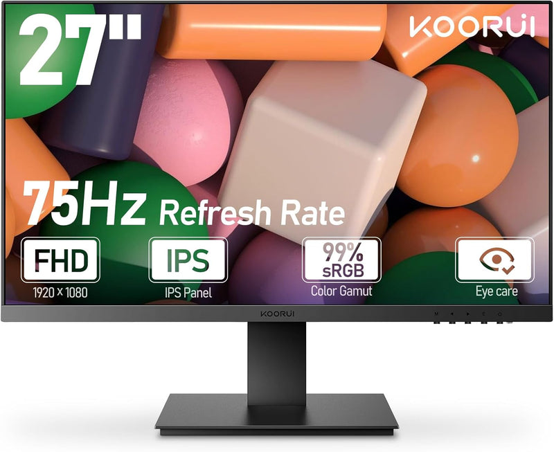 KOORUI 27 Inch Full HD (1920 x 1080) Monitor, 75Hz 5ms IPS Gaming Office Computer Monitor,HDMI,VGA & Audio Port, Tilt Adjustable, VESA Mountable, 27N1