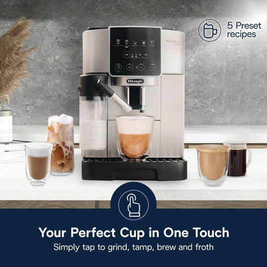 De'Longhi Magnifica Start Espresso & Coffee Machine with Automatic Milk Frother, One Touch Latte, Cappuccino, Built-in Grinder, Silver, ECAM22080SB - PuriLite
