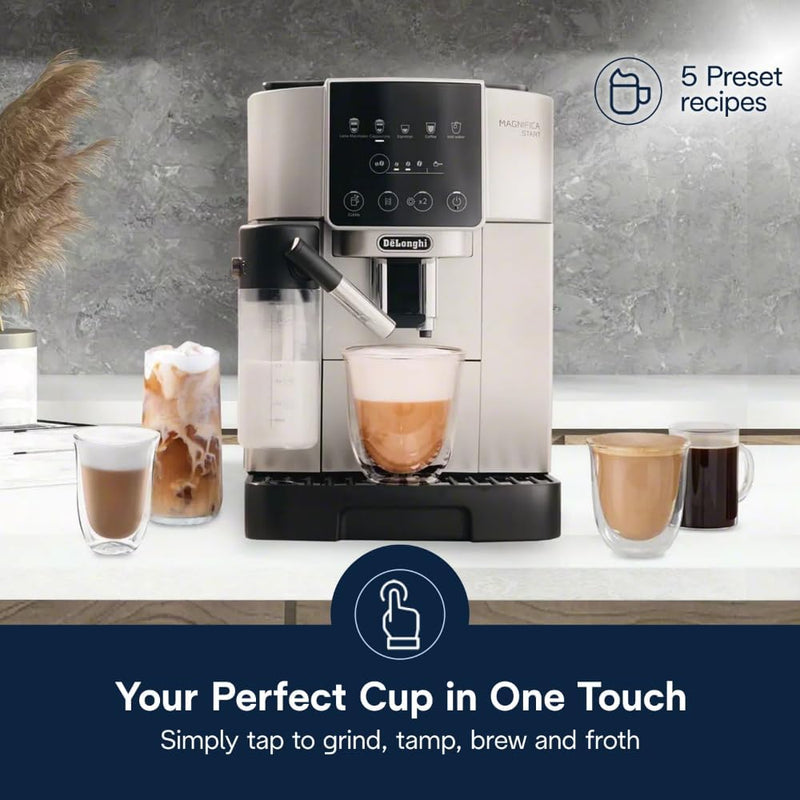 De'Longhi Magnifica Start Espresso & Coffee Machine with Automatic Milk Frother, One Touch Latte, Cappuccino, Built-in Grinder, Silver, ECAM22080SB