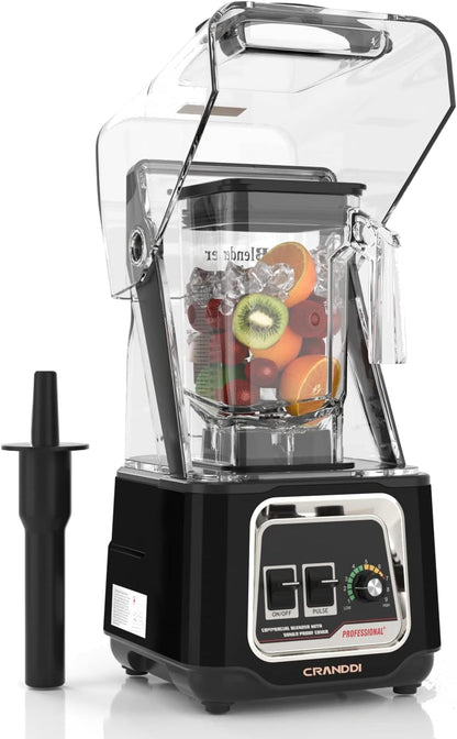 CRANDDI Quiet Smoothie Blender, Professional Countertop Blender with Removable Shield, 2200W Strong Motor, 52oz BPA-free Jar for Shakes and Smoothies, Self-Cleaning K80 (Black)