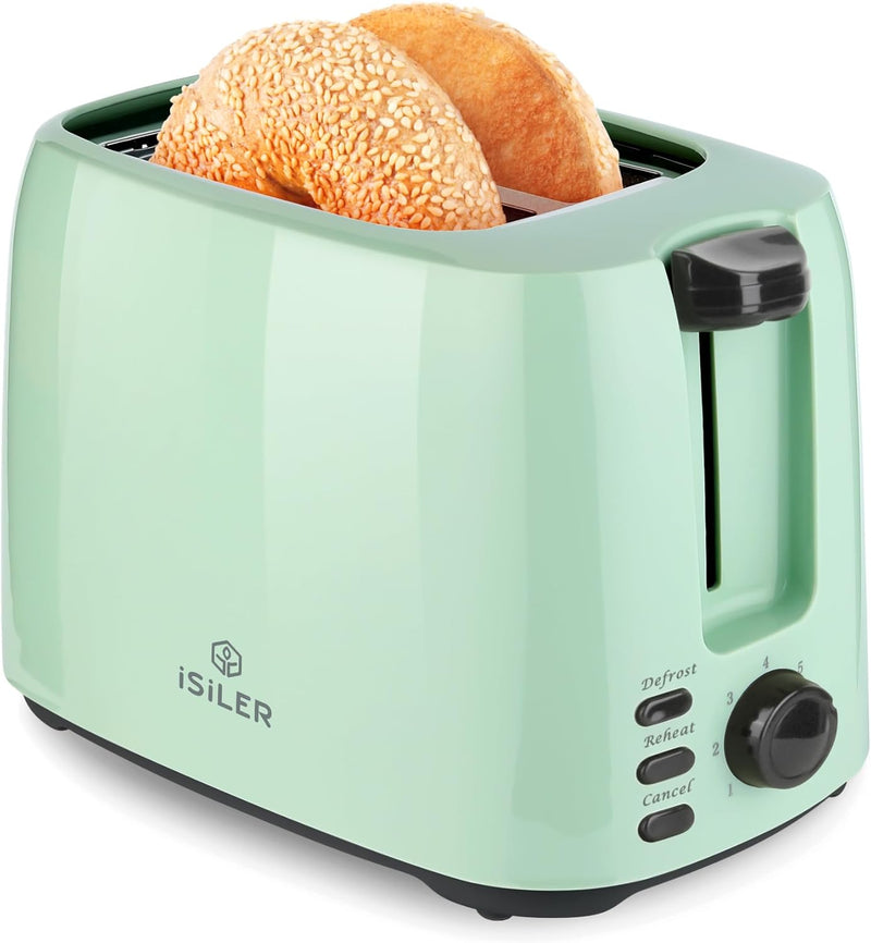 iSiLER 2 Slice Toaster, 1.3 Inches Wide Slot Bagel Toaster with 7 Shade Settings and Double Side Baking, Compact Bread Toaster with Removable Crumb Tray, Defrost Cancel Function Green