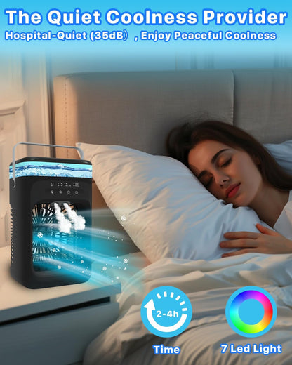 Mecmic Portable Air Conditioner Cooling Fan - 3 Speeds, 2 Mist Modes, 1000mL Water Tank, 7-Color Night Light, 2-4H Timer, Mini Cooling Fan for Bedroom, Office, Camping