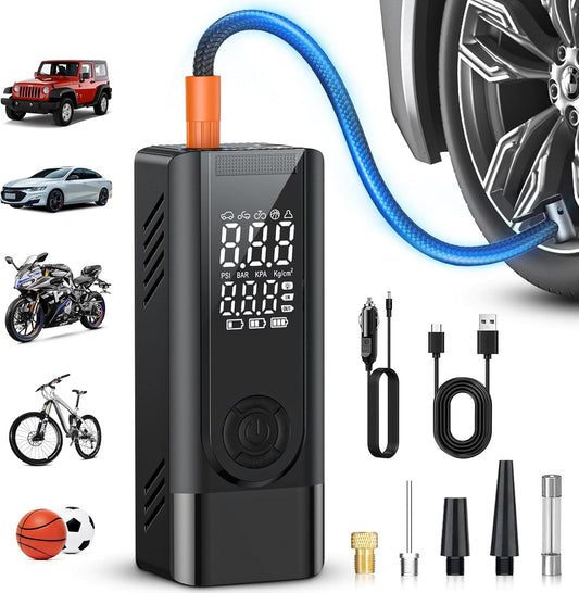 Tire Inflator Portable Air Compressor, Cordless Battery Powered and 12V DC Dual Power Air Pump for Car Tires, 150PSI Electric Bike Tire Pump with Pressure Gauge, LED Light for Car, Bike, Motor, Balls