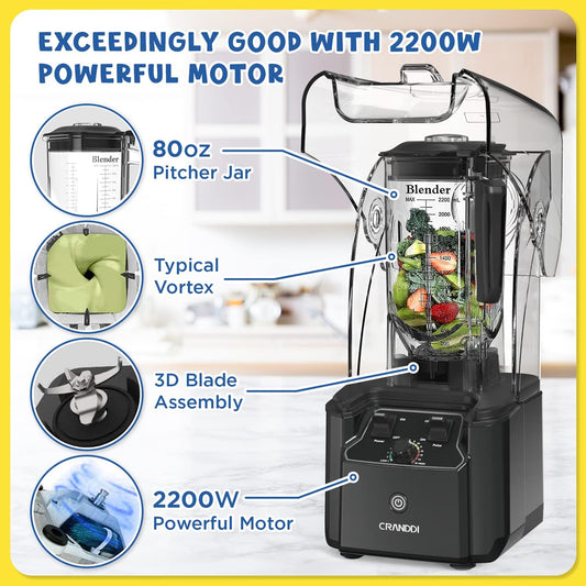 CRANDDI Commercial Quiet Blender, Soundproof Blenders, 2200 Watt Powerful Professional Kitchen Blender with BPA-Free 80oz Pitcher, Smoothie Blender for Commercial and Home K90 (Grey) - PuriLite