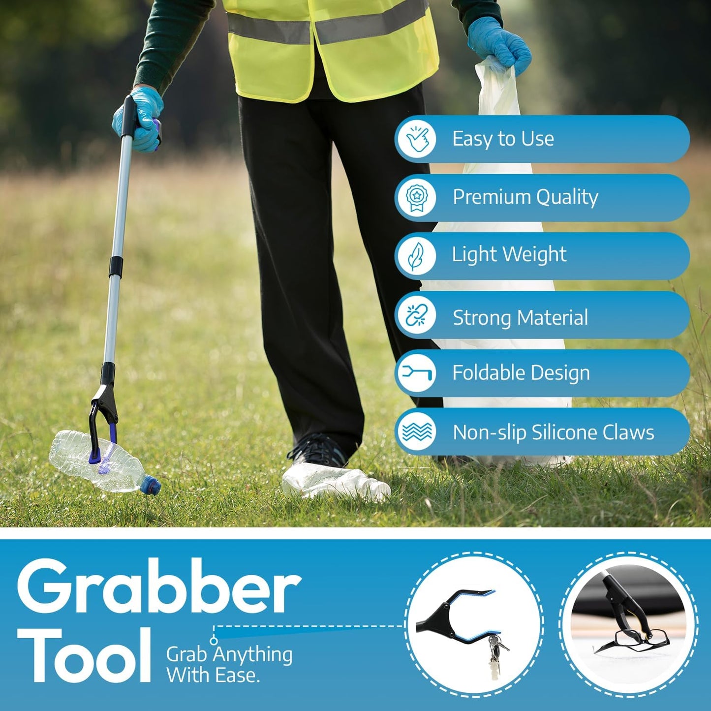 FiPlus PowerGrip T9, Grabber Tool, Wide Jaw, Foldable, Steel Cable, with 96 Grip Points for Firm Grip, 32" with Magnet,