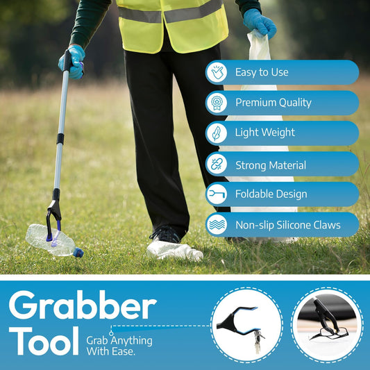 FiPlus PowerGrip T9, Grabber Tool, Wide Jaw, Foldable, Steel Cable, with 96 Grip Points for Firm Grip, 32" with Magnet, - PuriLite