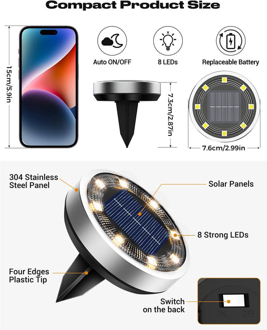 btfarm Solar Ground Lights, 10 Pack 8LED Solar Lights Outdoor Waterproof Garden, Pathway Lights Solar Powered in-Ground Lights, Disk Lights Landscape Lighting for Lawn Patio Yard Driveway, Warm White