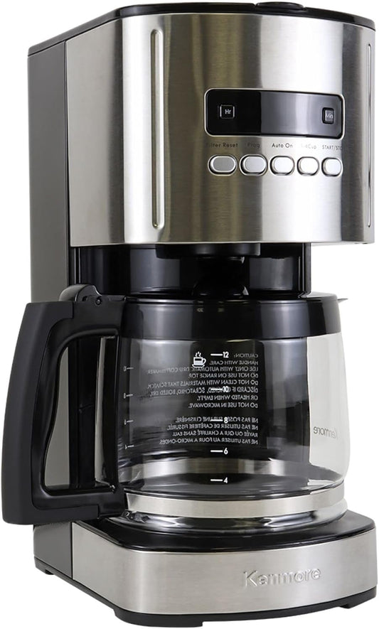 Kenmore Coffee Maker 12 cup Drip Coffee Machine Reusable Filter Programmable Timer Digital Display Aroma Control Glass Carafe Charcoal Water Filter Regular Bold Stainless Steel and Black