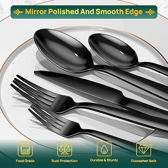 Yoehka 60 Pieces Black Silverware Set,Premium Stainless Steel Flatware Set for 12, Mirror Polished Tableware Cutlery Set for Home and Restaurant, Include Knife/Spoon and Fork, Dishwasher Safe