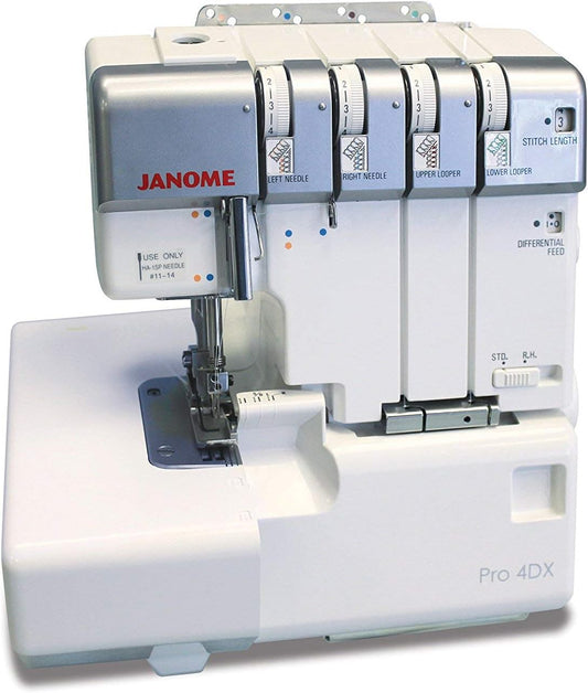 Janome Pro4DX Heavy-Duty Overlock Serger, with Easy Threading Lower Looper, Differential Feed, 2 needle, 2/3/4 Thread Overlock Stitching. Metal Thread Mast