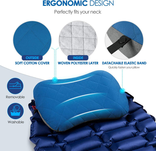 Hikenture Camping Pillow with Removable Cover - Ultralight Inflatable Pillow for Neck Lumber Support - Upgrade Backpacking Pillow - Washable Travel Air Pillows for Camping, Hiking, Backpacking (Blue) - PuriLite
