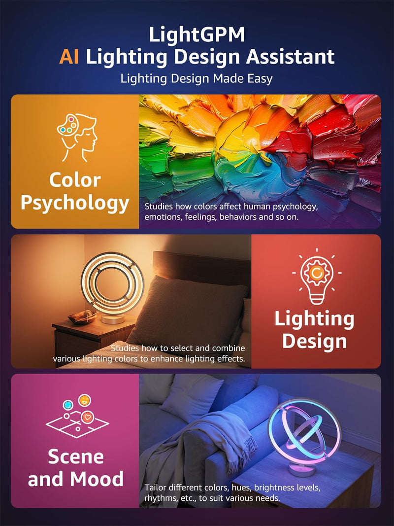 TB1 AI Smart Table Lamp, RGB Plus IC Addressable LED Lamp Alexa Google Compatible, LightBeats Music Sync, AI Generated Lighting LLM, Color Changing Modern Desk Lamp, 2.4 GHz WiFi/Bluetooth